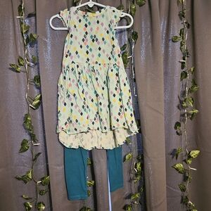 Girls Diamond Print High-Low Dress with Teal Leggings